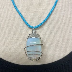 Tumbled Opalite Cage Charm Necklace on Blue Cord (6)